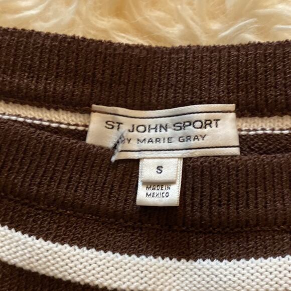 St. John Sport Women’s Brown & White Striped Cropped Knit Sweater Sz Sm - Picture 7 of 12